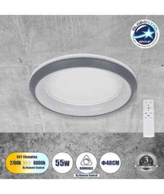 GLOBOSTAR® MELINA 61042 Μοντέρνο Φωτιστικό Οροφής LED 55W 6376lm 120° AC 220-240V IP20 Ρυθμιζόμενο Λευκό CCT με Χειριστήριο από 2700K έως 6000K Dimmable - Lumileds SMD Chip - Γκρι - Μ48 x Π48 x Υ9cm - 3 Χρόνια Εγγύηση